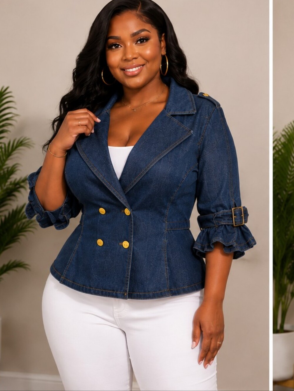Y2k Double-Breasted Denim Trench Coat With Gold Detail Size L old money‎ feel